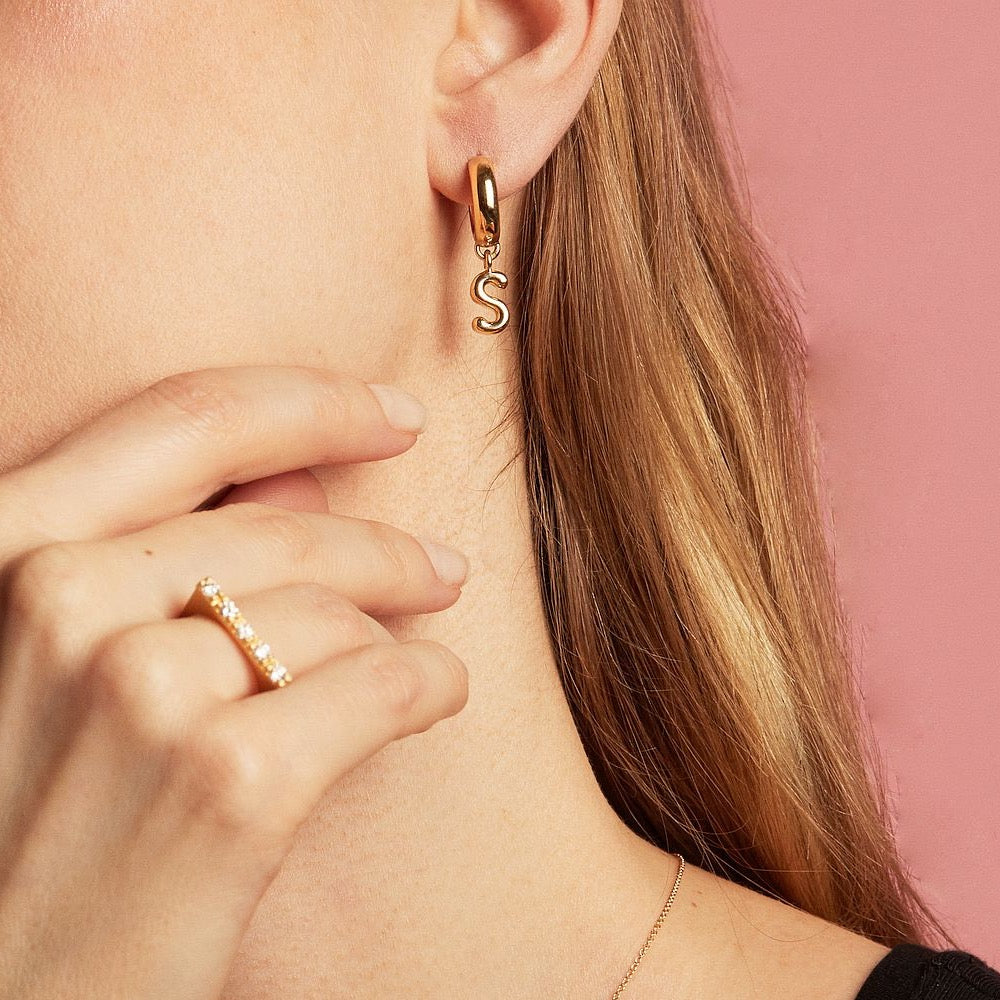 Customizable Initials, Personalized Luxury Jewelry, Hoops, Letters, Charms, Initials, Customized Personalized, Fine Jewelry, Luxury Initial Charm Hoops Earrings,  Sustainable and Ethical Materials and Production - Handcrafted in NYC - Elizabeth Moore